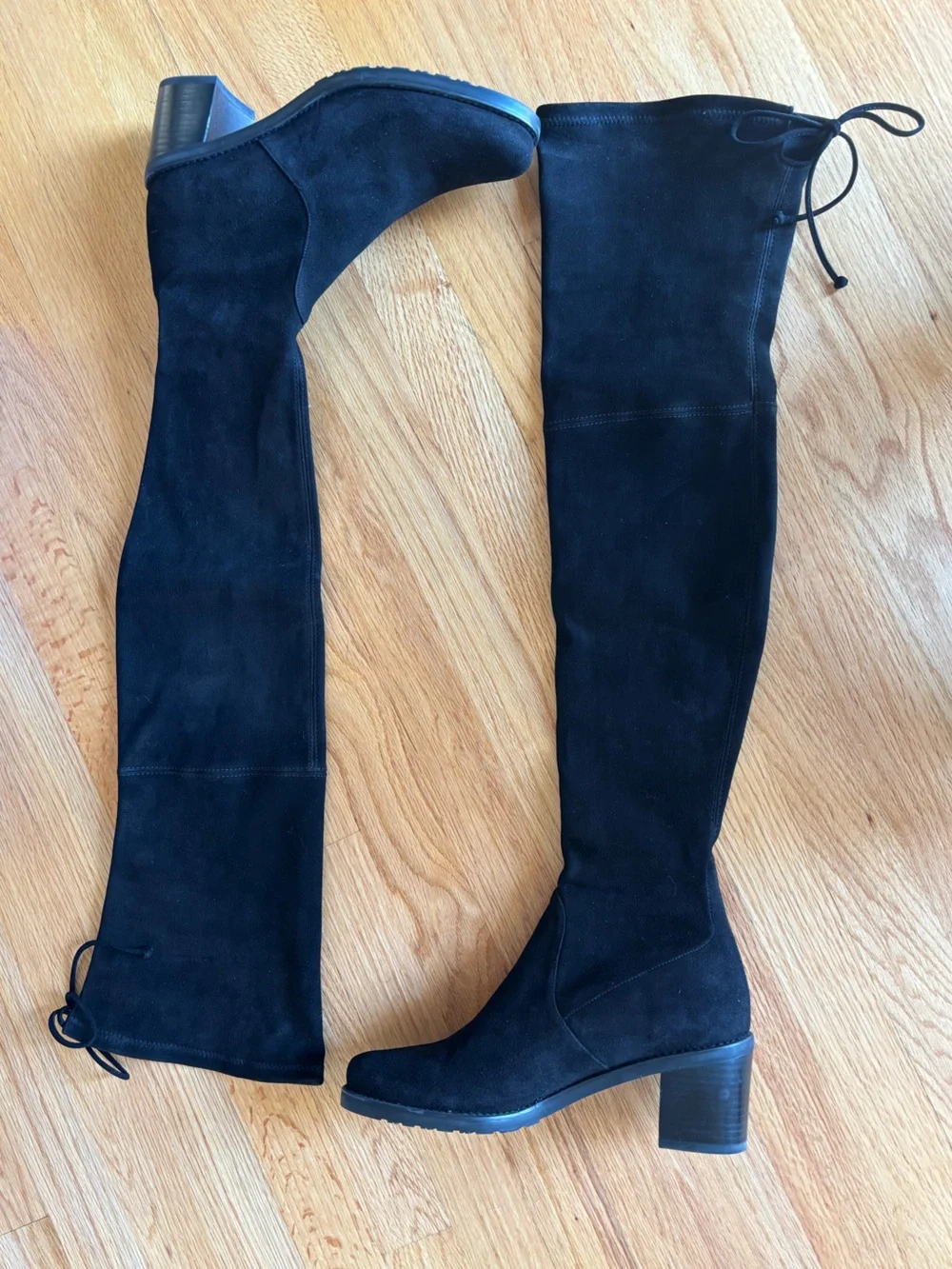 Stuart Weitzman Elevated Black Suede Over-the-Knee Block Heel Boots with Tie